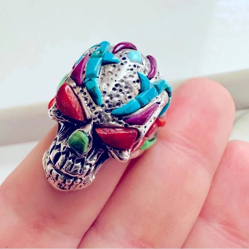 Handmade Sterling Silver & Multi Stone Inlay Skull/Biker/Rocker Ring Size 9.5 - Picture 4 of 7